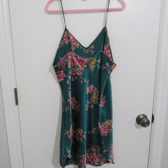 Dentelle Womens Sz L Emerald Green Floral Satin Slip Dress Vintage Made in USA - Picture 2 of 5